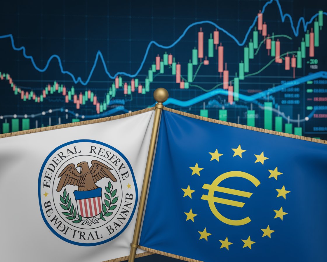 US and EU central banks with financial charts — Global Interest Rate War 2025